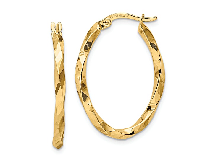 14k Yellow Gold Diamond-Cut 1 1/8" Twisted Oval Hoop Earrings