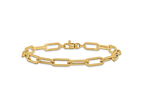 14K Yellow Gold Polished Textured Oval Link Bracelet