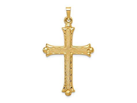 14K Yellow Gold Hollow Fleur De Lis Cross Pendant