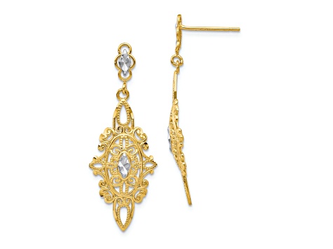 14k Yellow Gold and Rhodium Over 14k Yellow Gold Diamond-Cut Filigree Dangle Earrings