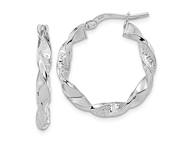Rhodium Over 14k White Gold 15/16" Polished and Textured Twisted Hoop Earrings