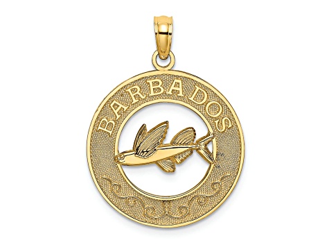 14k Yellow Gold Textured BARBADOS with Flying Fish Circle Charm