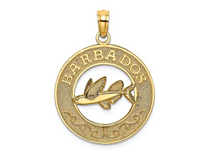 14k Yellow Gold Textured BARBADOS with Flying Fish Circle Charm