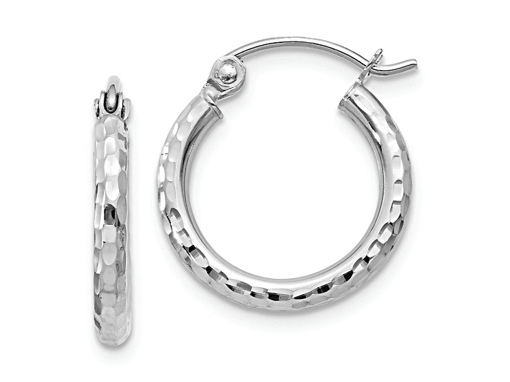 Rhodium Over 10k White Gold Diamond-Cut 9/16" Round Tube Hoop Earrings