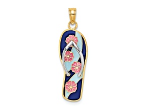 14k Yellow Gold and Rhodium over 14k Yellow Gold Enamel Pink Flowers On Blue Stripes Flip-Flop Charm