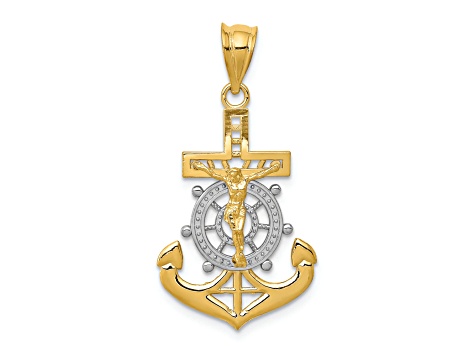 14K Yellow Gold with White Rhodium Diamond-cut Mariners Cross Pendant