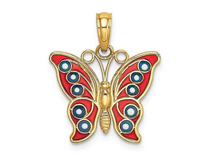 14k Yellow Gold with Red and Blue Enamel Filigree Butterfly Charm