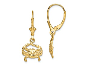 14k Yellow Gold 2D Textured Blue Crab Dangle Earrings