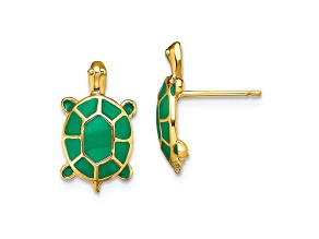 14k Yellow Gold Land Turtle with Green Enameled Shell Stud Earrings