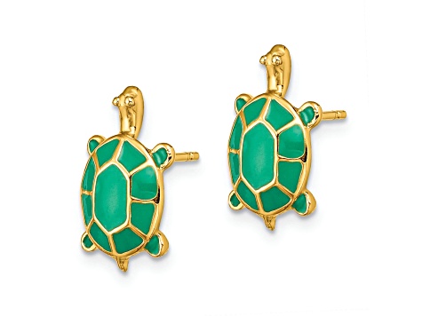 14k Yellow Gold Land Turtle with Green Enameled Shell Stud Earrings