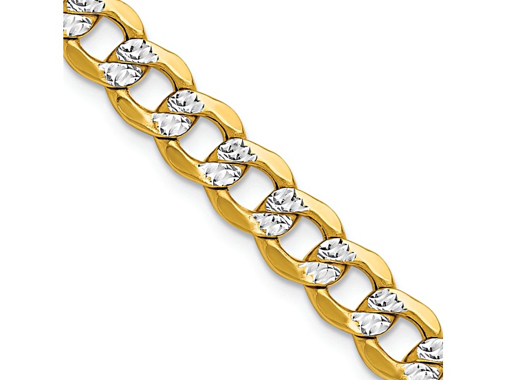 14k Yellow Gold and Rhodium Over 14k Yellow Gold Textured 7.1mm Pave Curb 26 Inch Chain