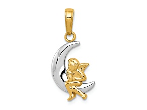 10K Yellow Gold and Rhodium Over 10K Yellow Gold Polished Moon with Angel Pendant