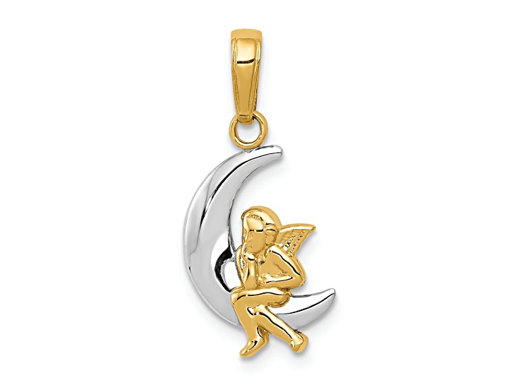 10K Yellow Gold and Rhodium Over 10K Yellow Gold Polished Moon with Angel Pendant