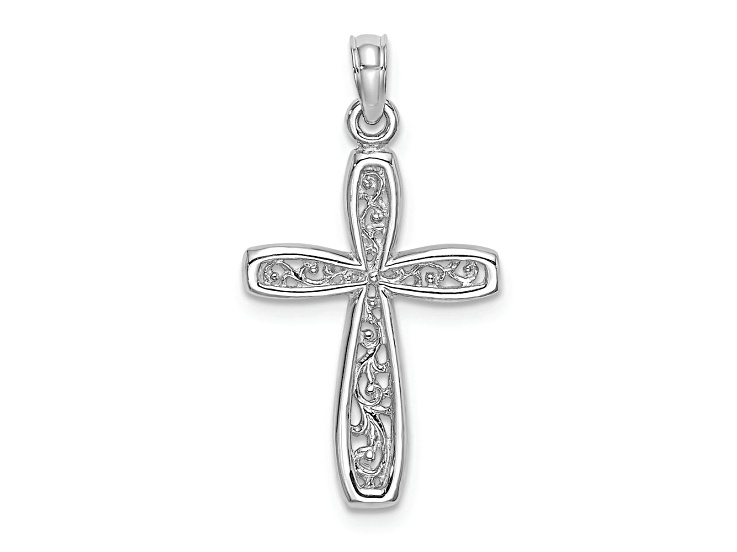 Rhodium Over 14k White Gold Cross with Filigree Center Charm