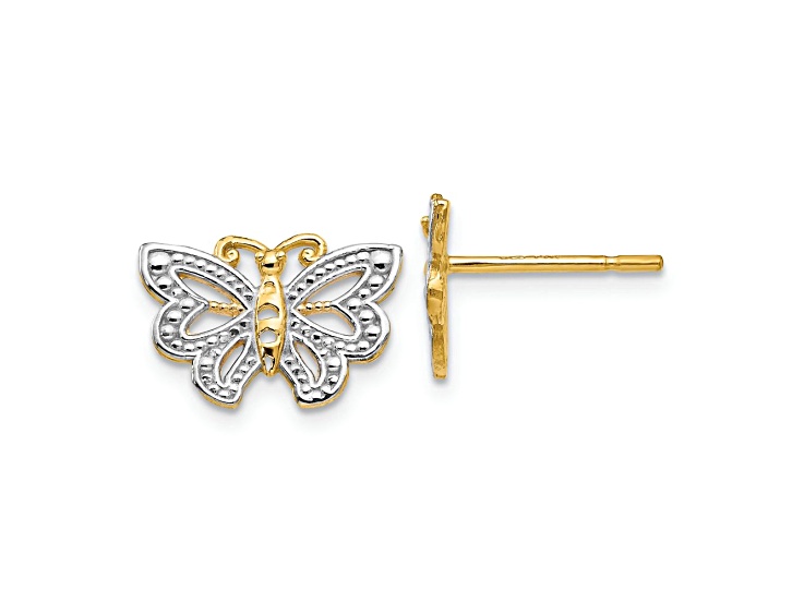 14k Yellow Gold and Rhodium Over 14k Yellow Gold Textured Butterfly Stud Earrings