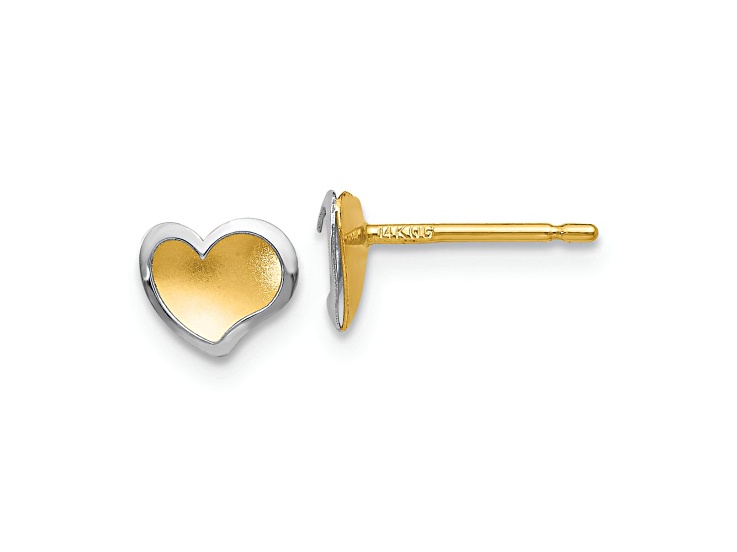14k Yellow Gold and 14k White Gold 3mm Polished Satin Heart Stud Earrings