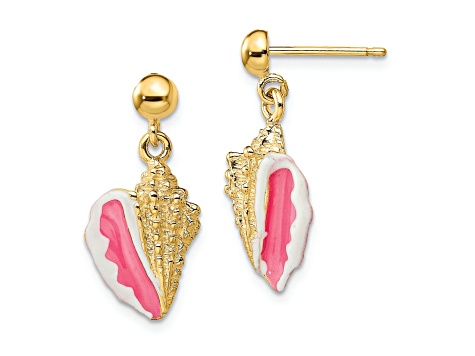 14k Yellow Gold Textured White and Pink Enamel Conch Shell Dangle Earrings