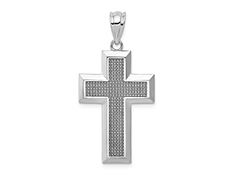 Rhodium Over 14K White Gold Polished and Textured Cross Pendant