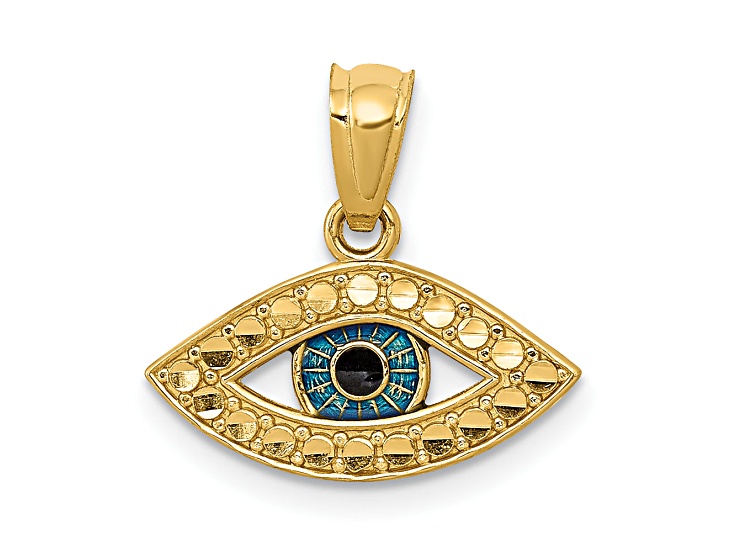 14k Yellow Gold Diamond-Cut Black and Blue Enameled Eye Pendant