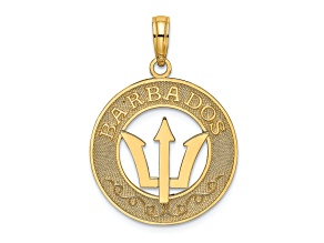 14k Yellow Gold Textured Barbados with Trident Spear Circle Pendant