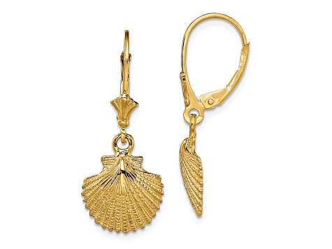 14k Yellow Gold 2D and Textured Scallop Shell Dangle Earrings