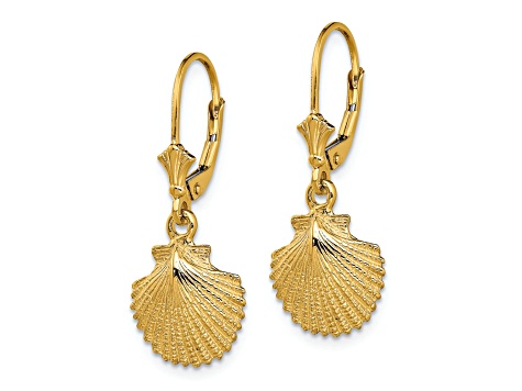 14k Yellow Gold 2D and Textured Scallop Shell Dangle Earrings