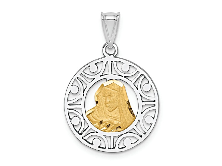 14k Yellow Gold and 14k White Gold Brushed, Diamond-Cut and Polished Virgin Mary Pendant