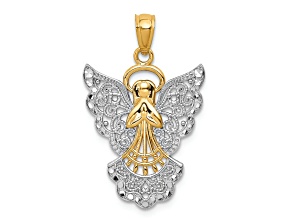 14k Yellow Gold and Rhodium Over 14k Yellow Gold Filigree Angel Pendant