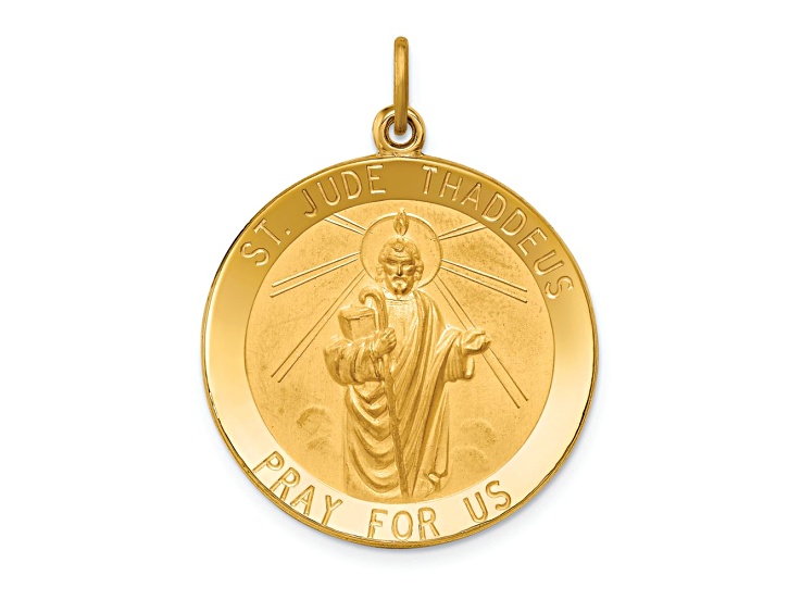 14k Yellow Gold Solid Polished and Satin Large Round Saint Jude Thaddeus Medal Pendant