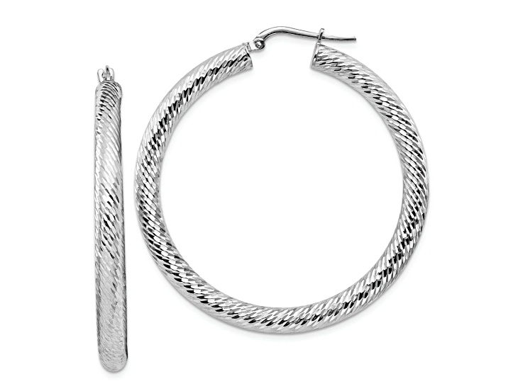 Rhodium Over 14k White Gold 1 7/8" Diamond-Cut Round Hoop Earrings