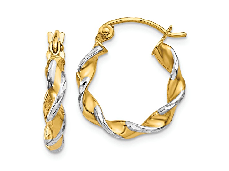 14k Yellow Gold and Rhodium Over 14k Yellow Gold 3/8" Polished Fancy Twisted Hoop Earrings
