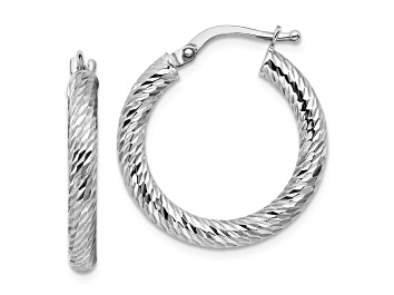 Picture of Rhodium Over 14K White Gold 7/8" Polished and Diamond-Cut Round Hoop Earrings