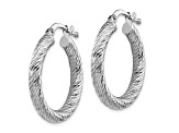 Rhodium Over 14K White Gold 7/8" Polished and Diamond-Cut Round Hoop Earrings