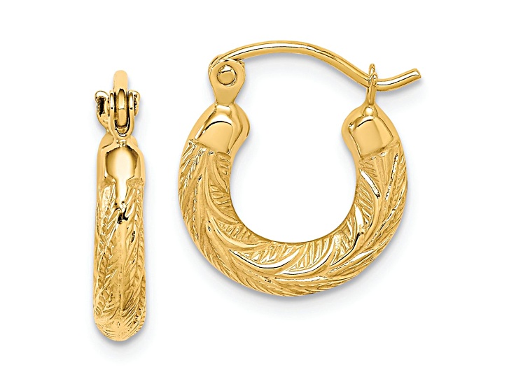 10k Yellow Gold 9/16" Textured Fancy Small Hoop Earrings