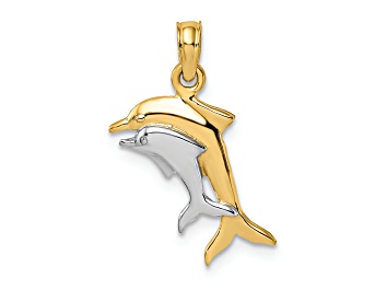 Picture of 14k Yellow Gold and Rhodium Over 14k Yellow Gold Polished 2D Dolphins Charm