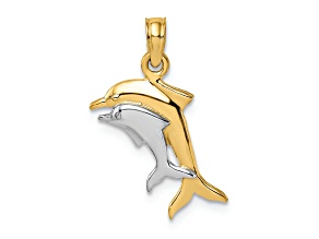 14k Yellow Gold and Rhodium Over 14k Yellow Gold Polished 2D Dolphins Charm