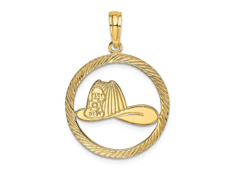 14k Yellow Gold Textured Fireman Helmet in Disk pendant