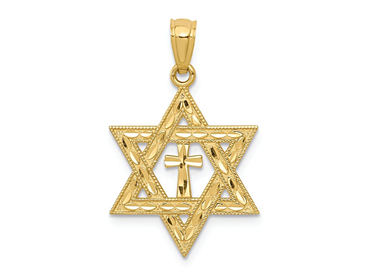 14k Yellow Gold Diamond-Cut and Textured Star of David with Cross Pendant