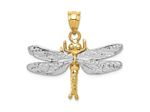 14k Two-tone Gold Textured Dragonfly Pendant