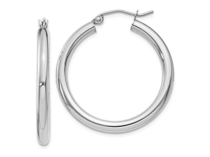 Rhodium Over 10k White Gold Polished 1 3/16" Tube Hoop Earrings