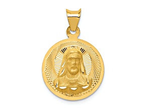 14k Yellow Gold Satin Diamond-Cut Sagrado Corazon Circle Pendant