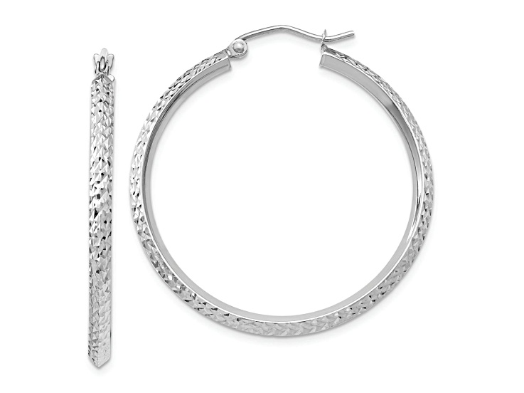 Rhodium Over 14k White Gold 1 3/8" Knife Edge Diamond-cut Hoop Earrings
