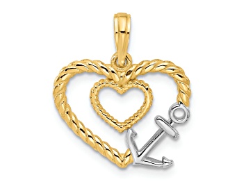 Picture of 14k Yellow Gold and Rhodium Over 14k Yellow Gold Textured Fancy Rope Heart and Anchor Charm