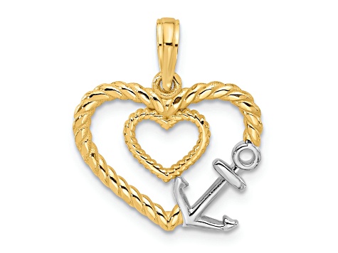 14k Yellow Gold and Rhodium Over 14k Yellow Gold Textured Fancy Rope Heart and Anchor Charm