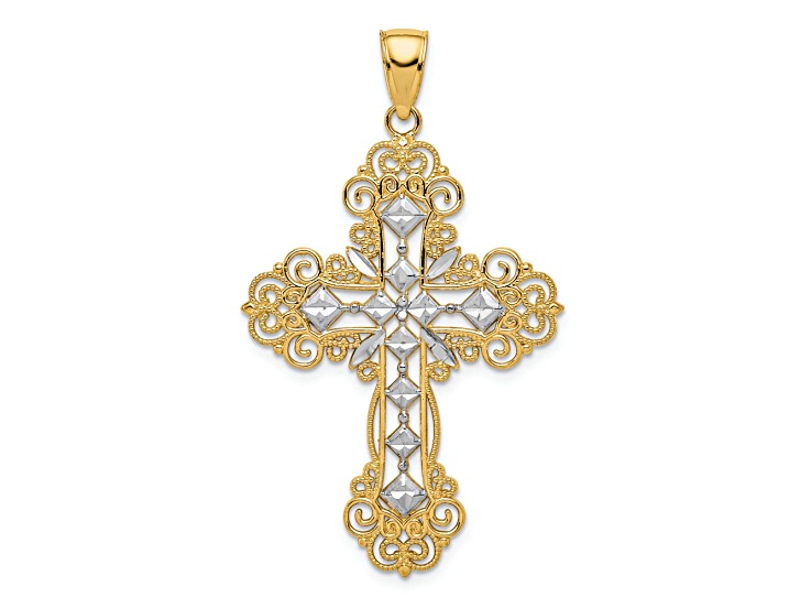 14K Two-tone Gold Polished and Textured Diamond Pattern Cross Pendant