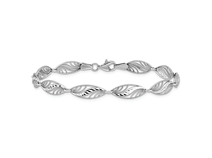 Rhodium Over 14k White Gold Filigree Textured and Diamond-Cut Fancy Link Bracelet