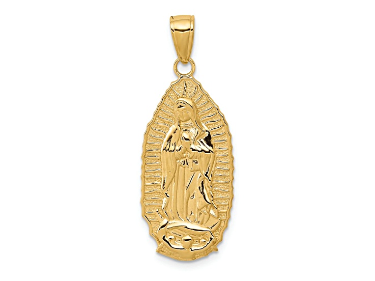 14k Yellow Gold Polished and Textured Our Lady of Guadalupe Oval Disc Pendant