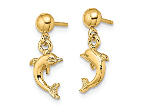 14k Yellow Gold Mini Jumping Dolphin Dangle Earrings