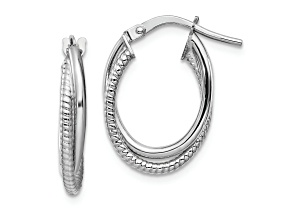 Rhodium Over 14k White Gold Polished and Textured 11/16" Double Oval Hoop Earrings