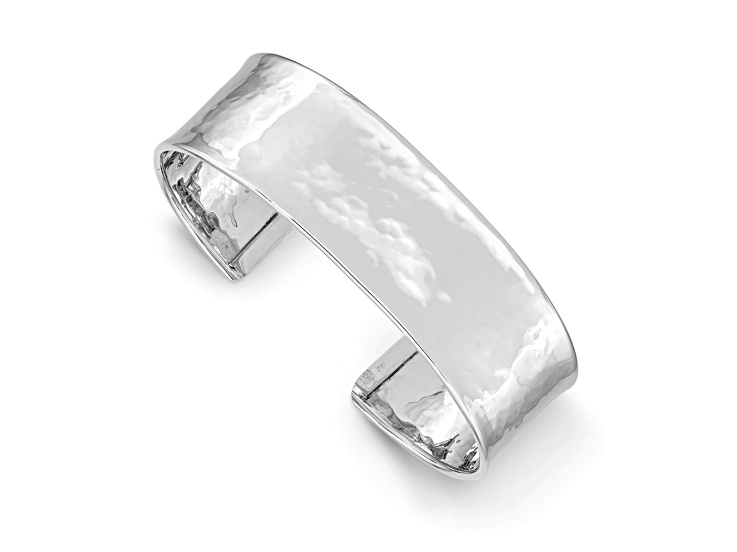 Rhodium Over 14k White Gold 19mm Hammered Polished Cuff Bangle